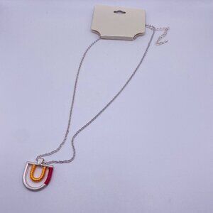 Aura Pink Orange Pendant Silver Tone Necklace 18” New